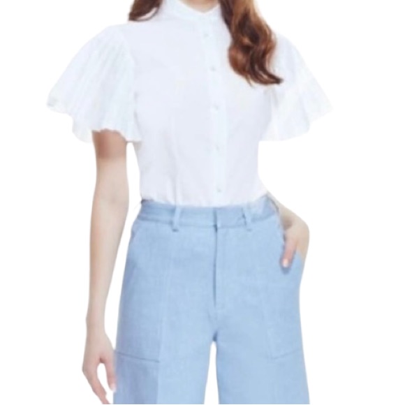 Lela Rose Pearl White Cotton Poplin Pleated Sleeve Blouse 2